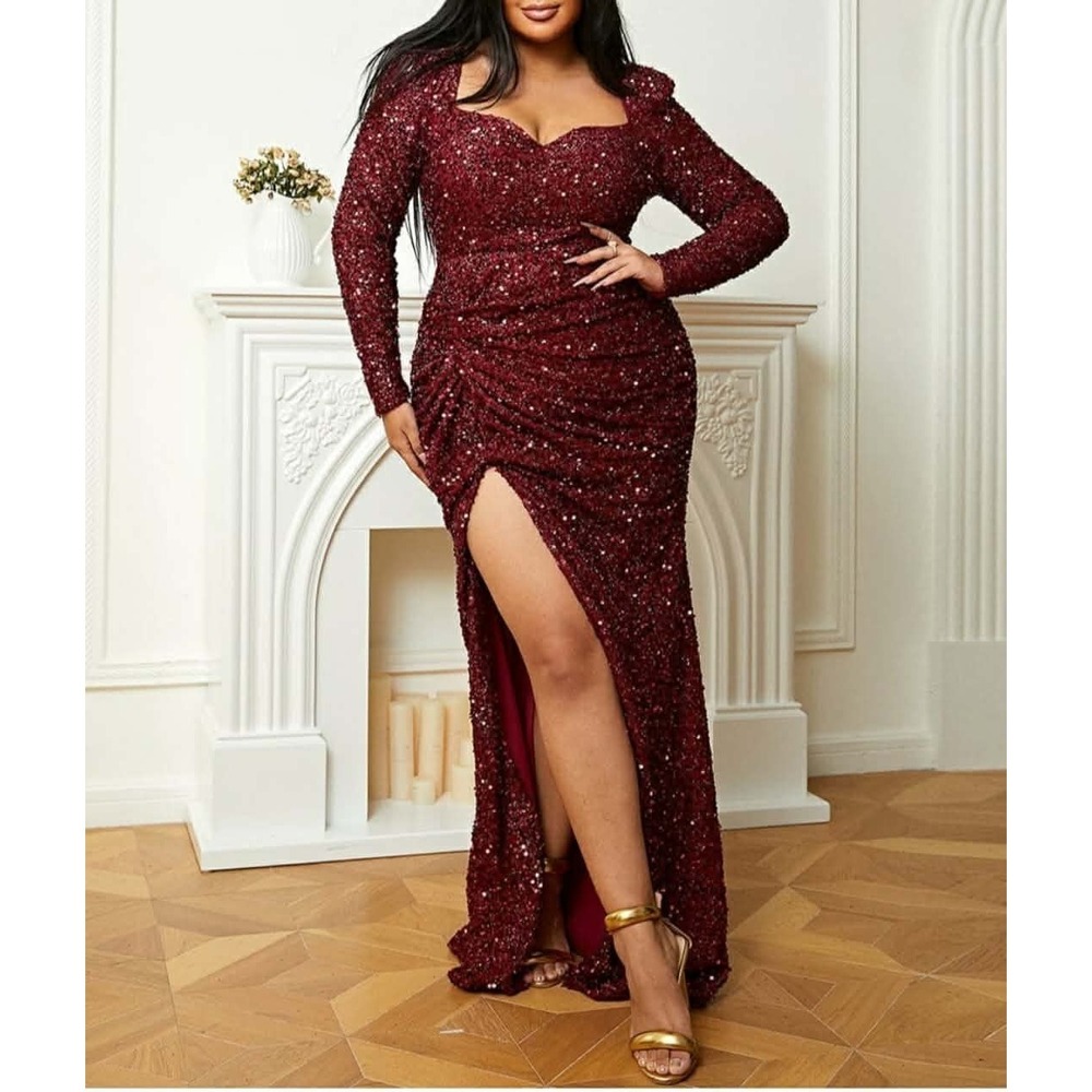 Miss Ord Sequin BURGUNDY PROM Maxi Dress‎ Long slit Party Gown Womens Size 2XL